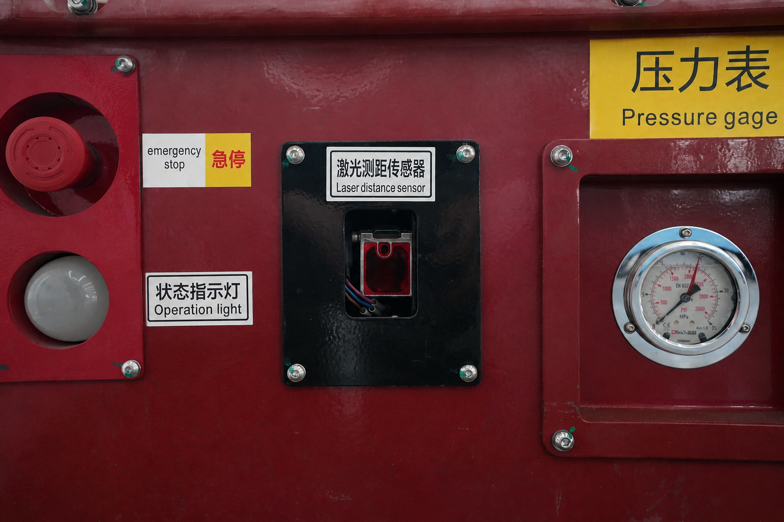 Semco Heavy Duty AGV on-board control panel — emergency stop, operation light, laser distance sensor and pressure gauge