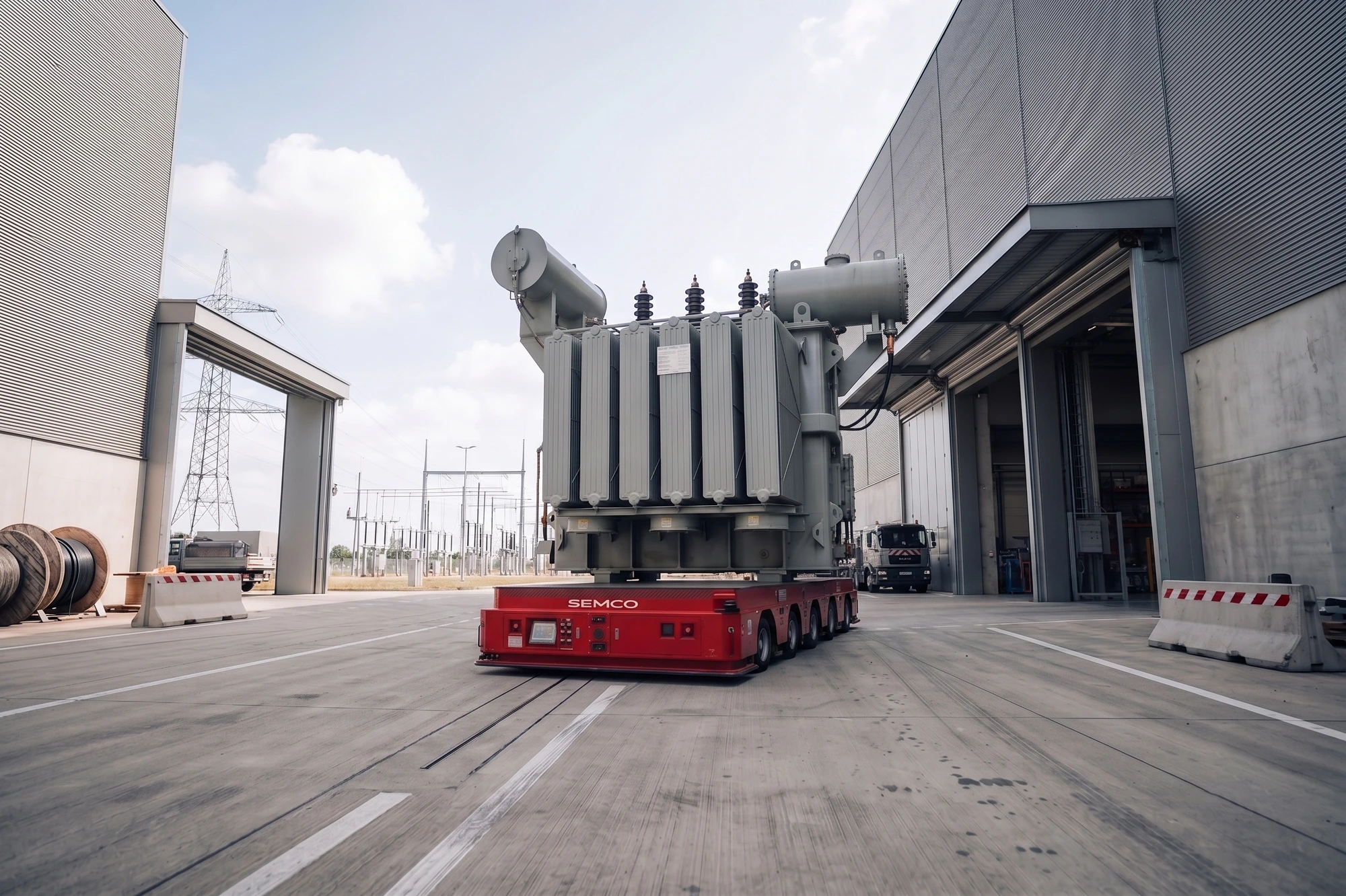 300 Ton Heavy Duty AGV by Semco Robotics transporting a large power transformer at a manufacturing plant in India